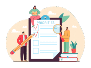 An image with people around and above a priorities board with finding and marking some